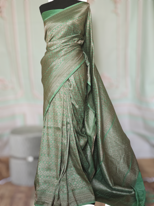 Semi katan silk saree(mint green) with silver/antique design- stitched blouse