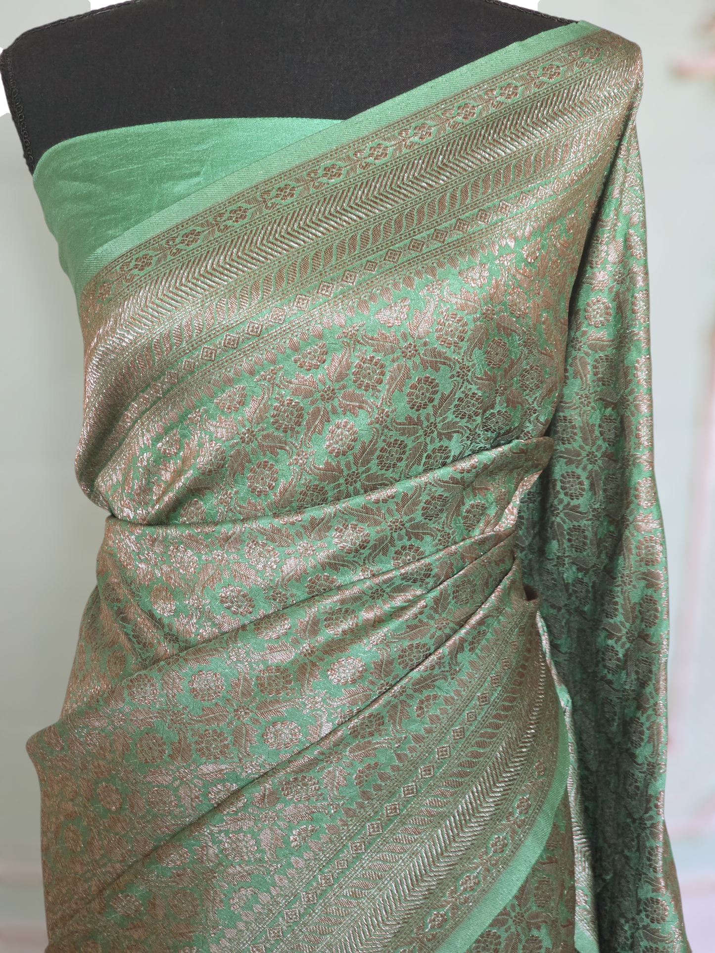 Semi katan silk saree(mint green) with silver/antique design- stitched blouse