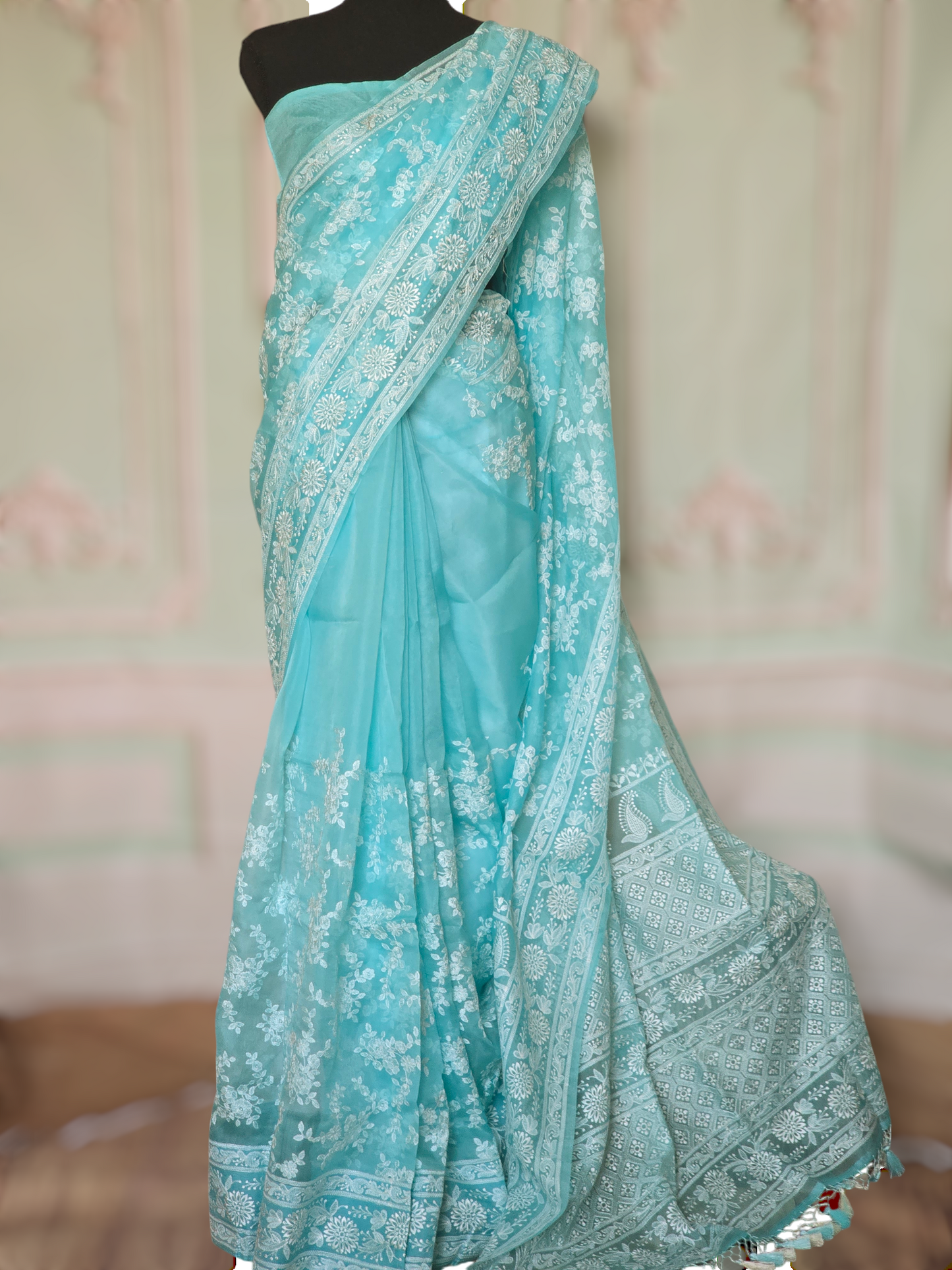 Pure organza saree with white thread work all over body