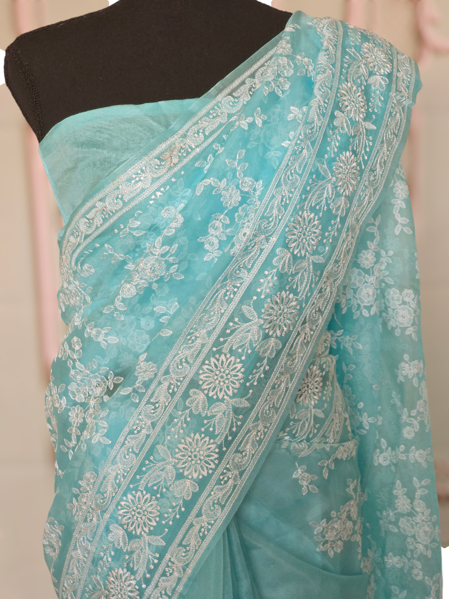 Pure organza saree with white thread work all over body