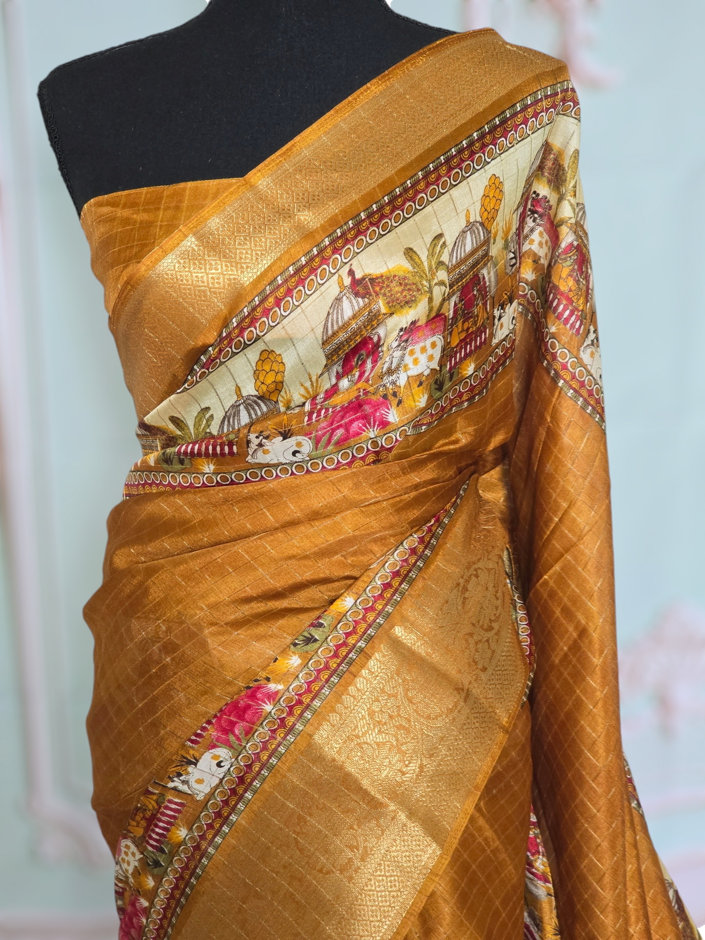 Mangalgiri check saree with madhubani print- stitched blouse