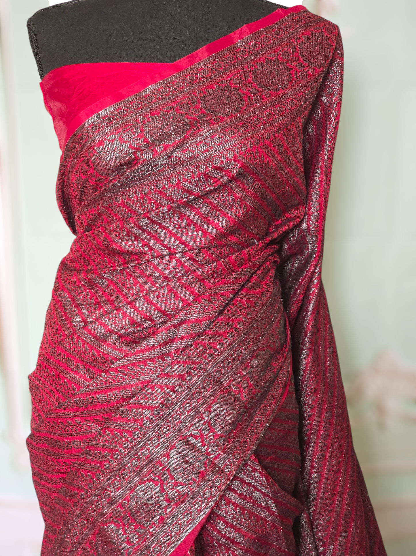 Chillie pink semi brocade saree with stitched blouse