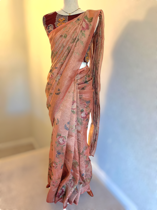 Crushed organza floral print saree- No Bp