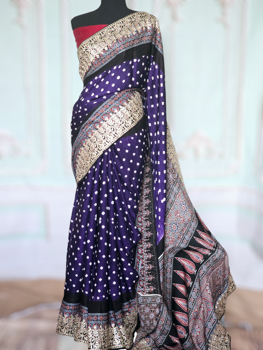 Hand bandhej gajji silk saree with ajrakh block print and gotapati design in border- BP