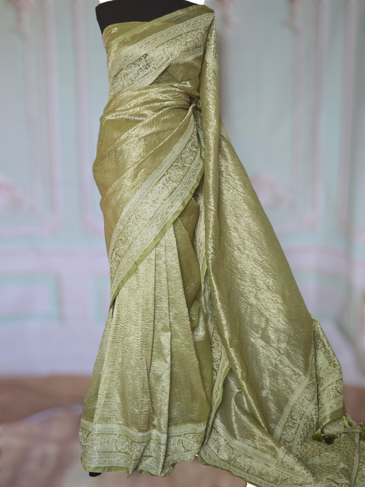 Pista green crushed organza saree with thread work- stitched blouse