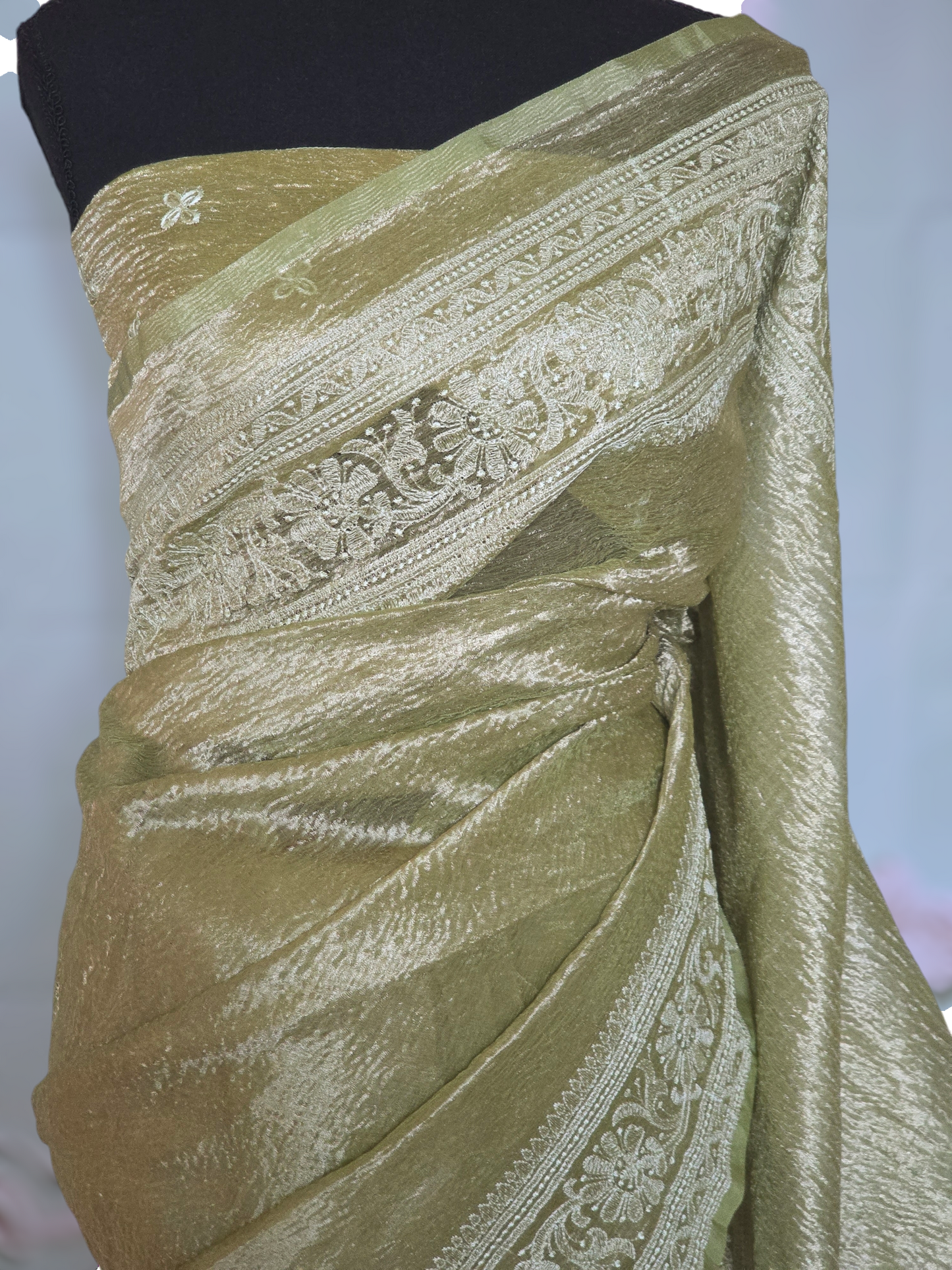 Pista green crushed organza saree with thread work- stitched blouse