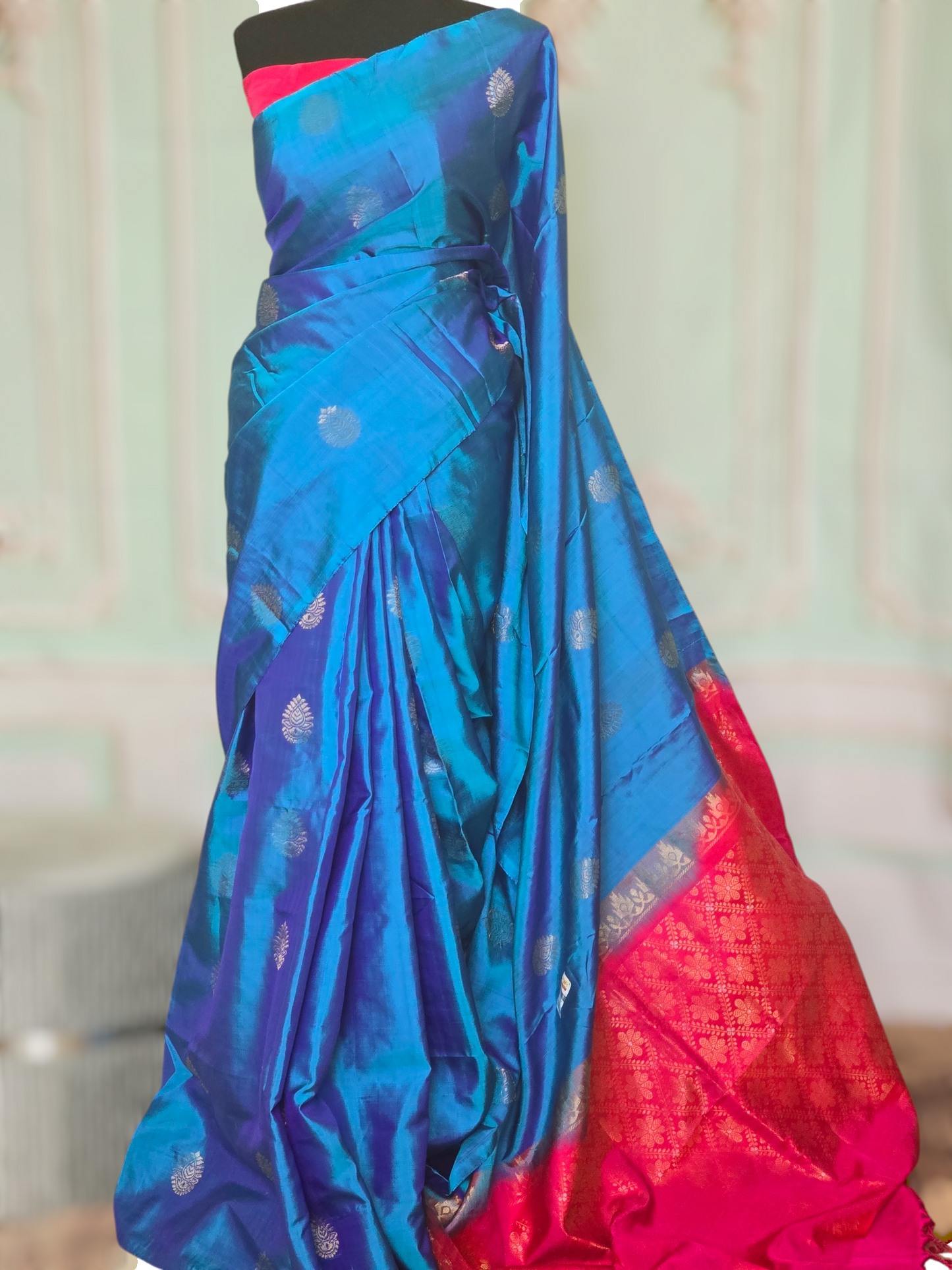 Kancheepuram soft silk saree (blue/pink) with stitched blouse