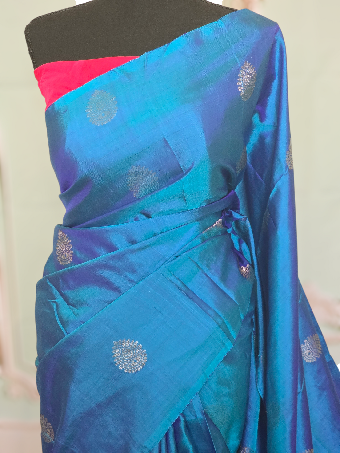 Kancheepuram soft silk saree (blue/pink) with stitched blouse