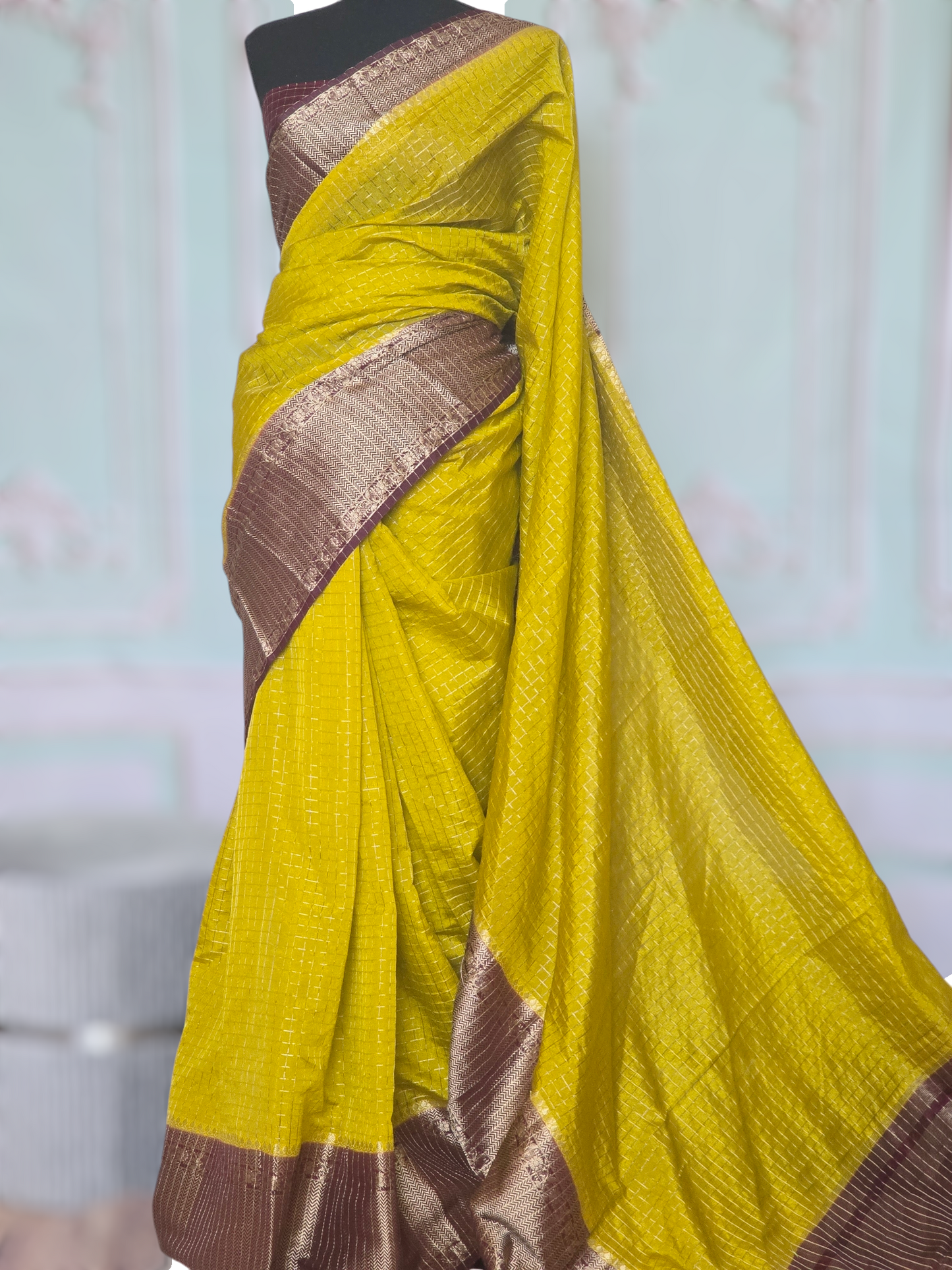 Semi silk saree with check body- stitched blouse