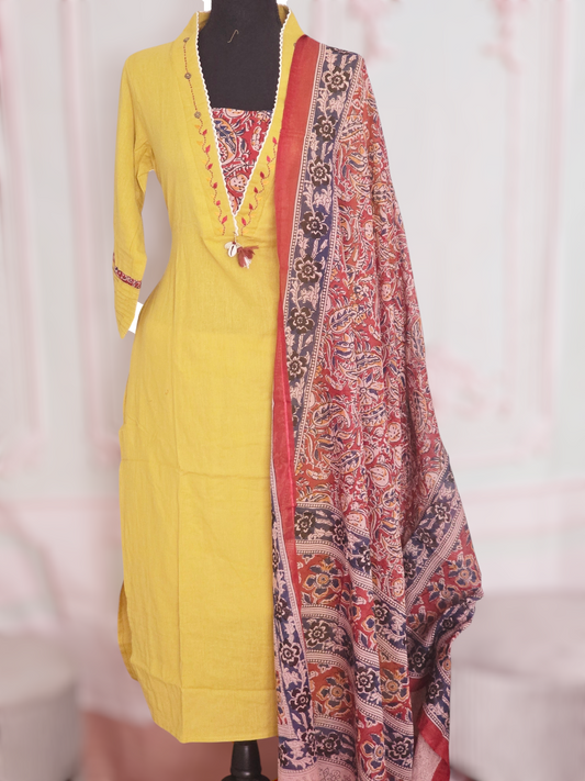 Cotton salwar suit set with kalamkari dupatta and bottom