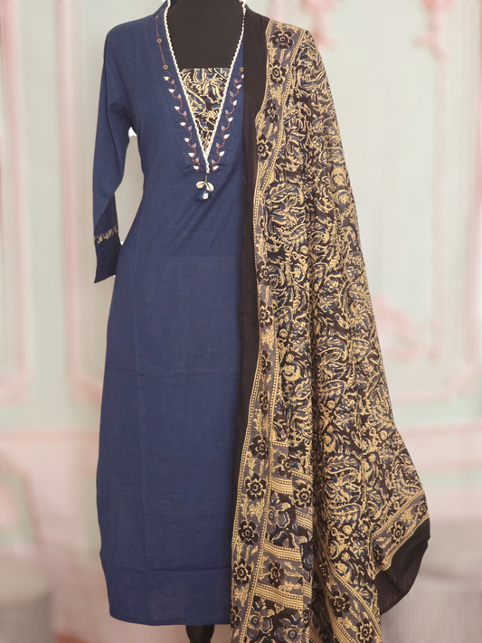 Cotton salwar suit set with kalamkari bottom and dupatta