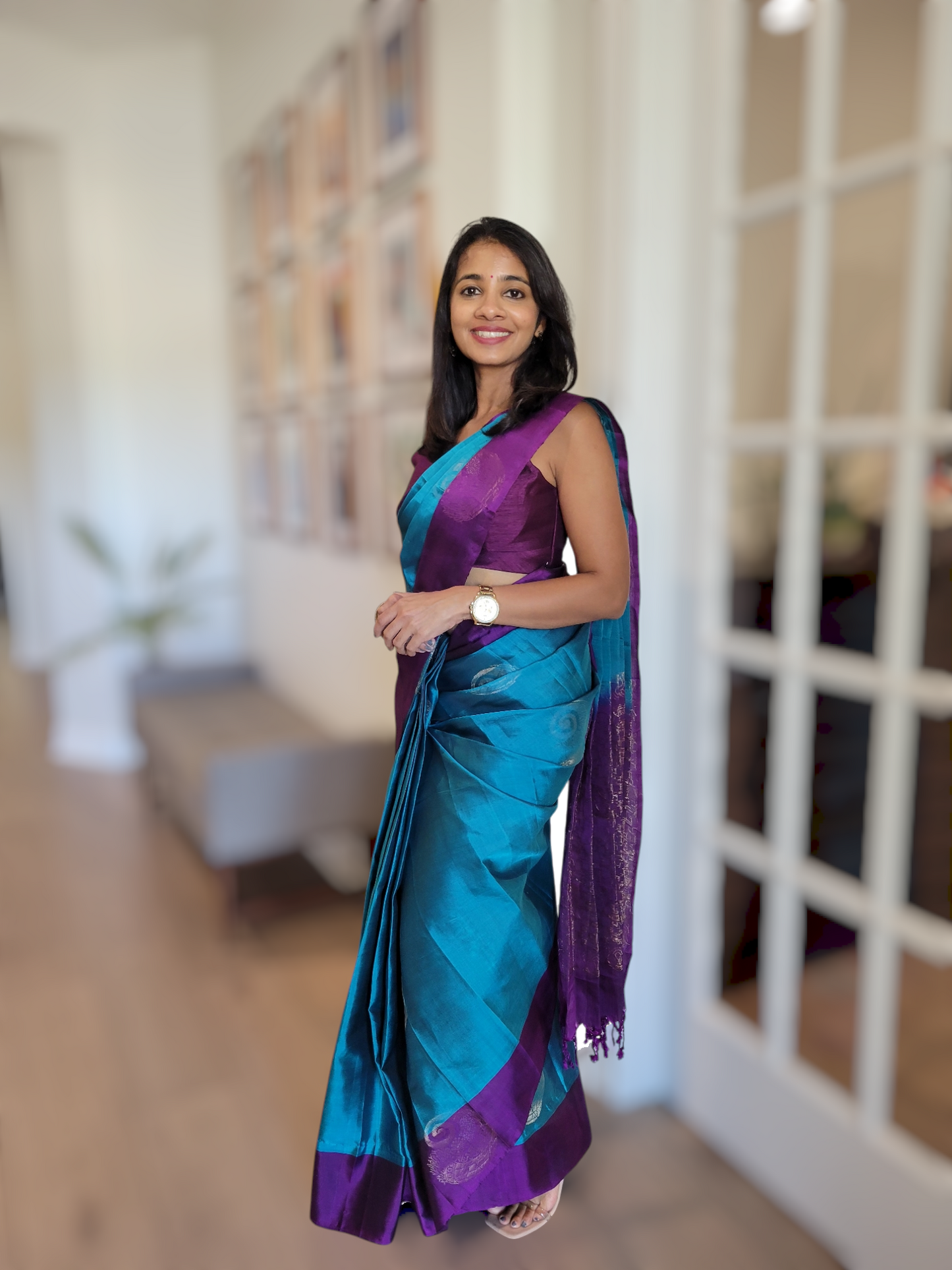 Kancheepuram soft silk saree( blue/purple combo) with stitched blouse (with sleeve)