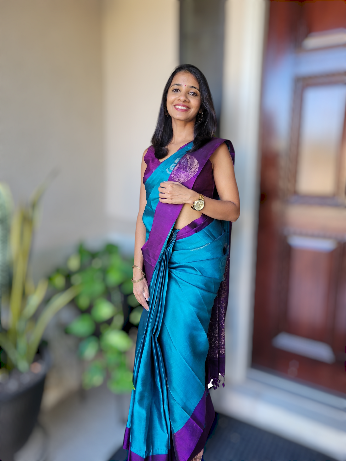 Kancheepuram soft silk saree( blue/purple combo) with stitched blouse (with sleeve)