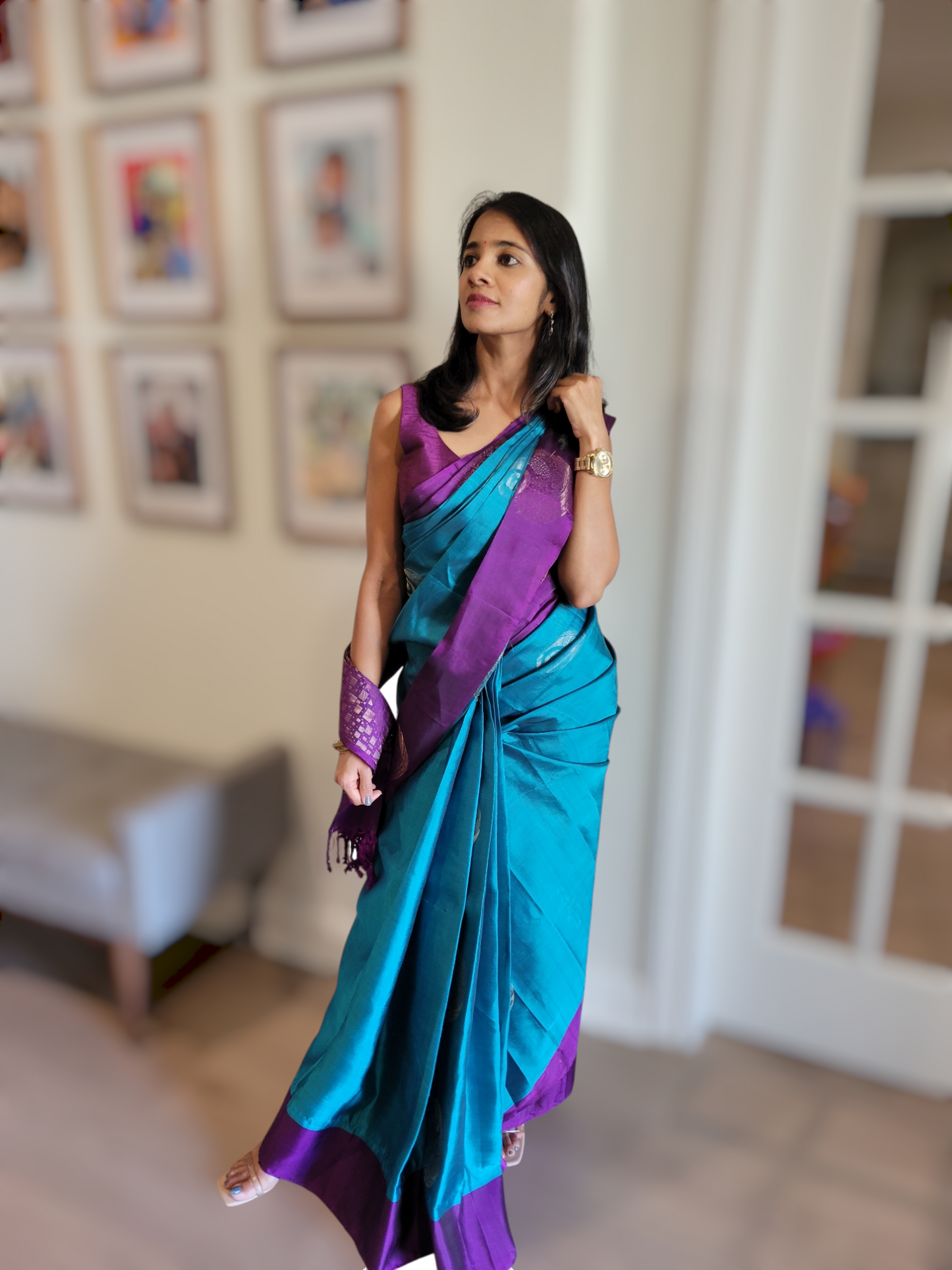 Kancheepuram soft silk saree( blue/purple combo) with stitched blouse (with sleeve)