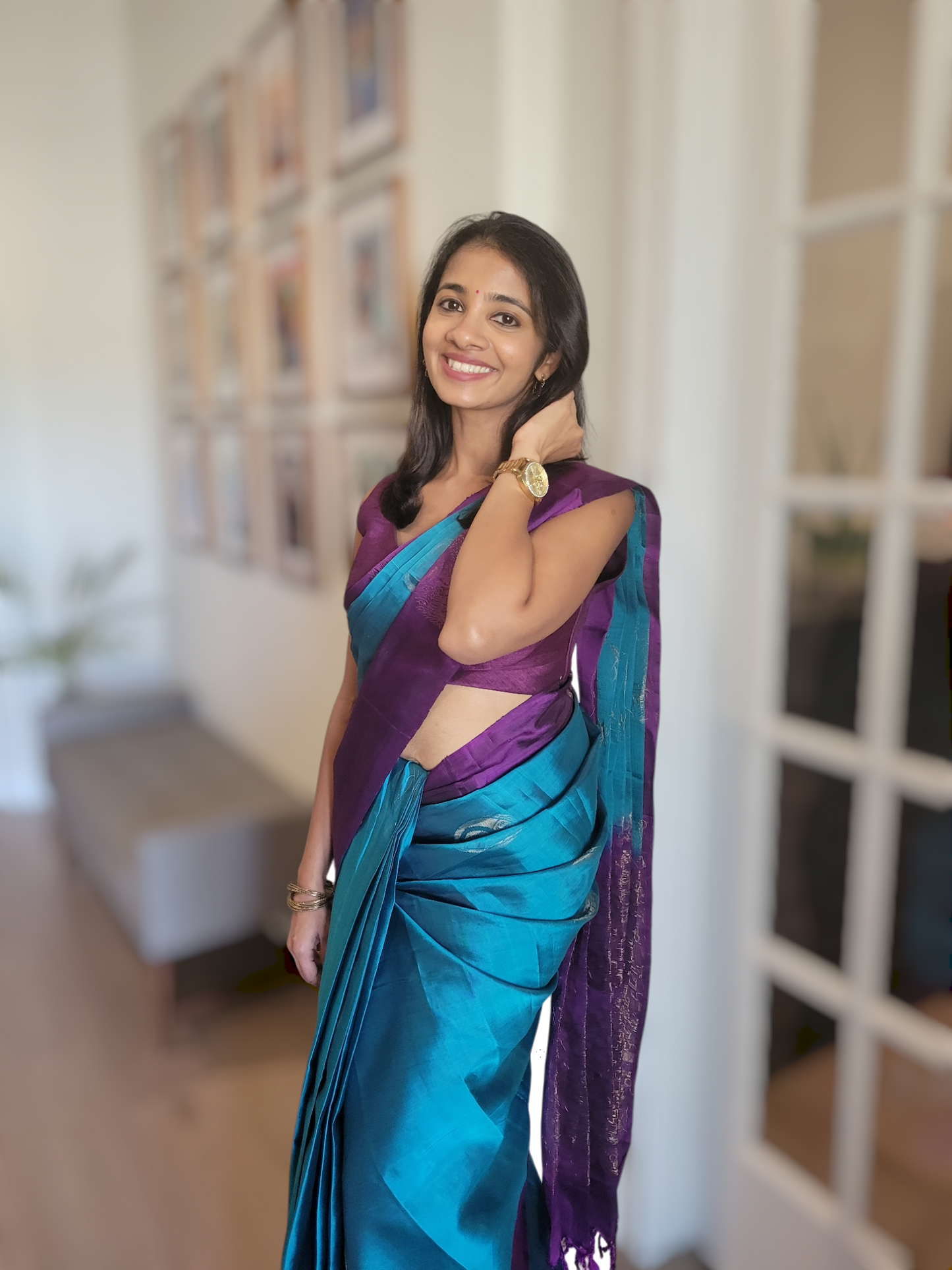 Kancheepuram soft silk saree( blue/purple combo) with stitched blouse (with sleeve)