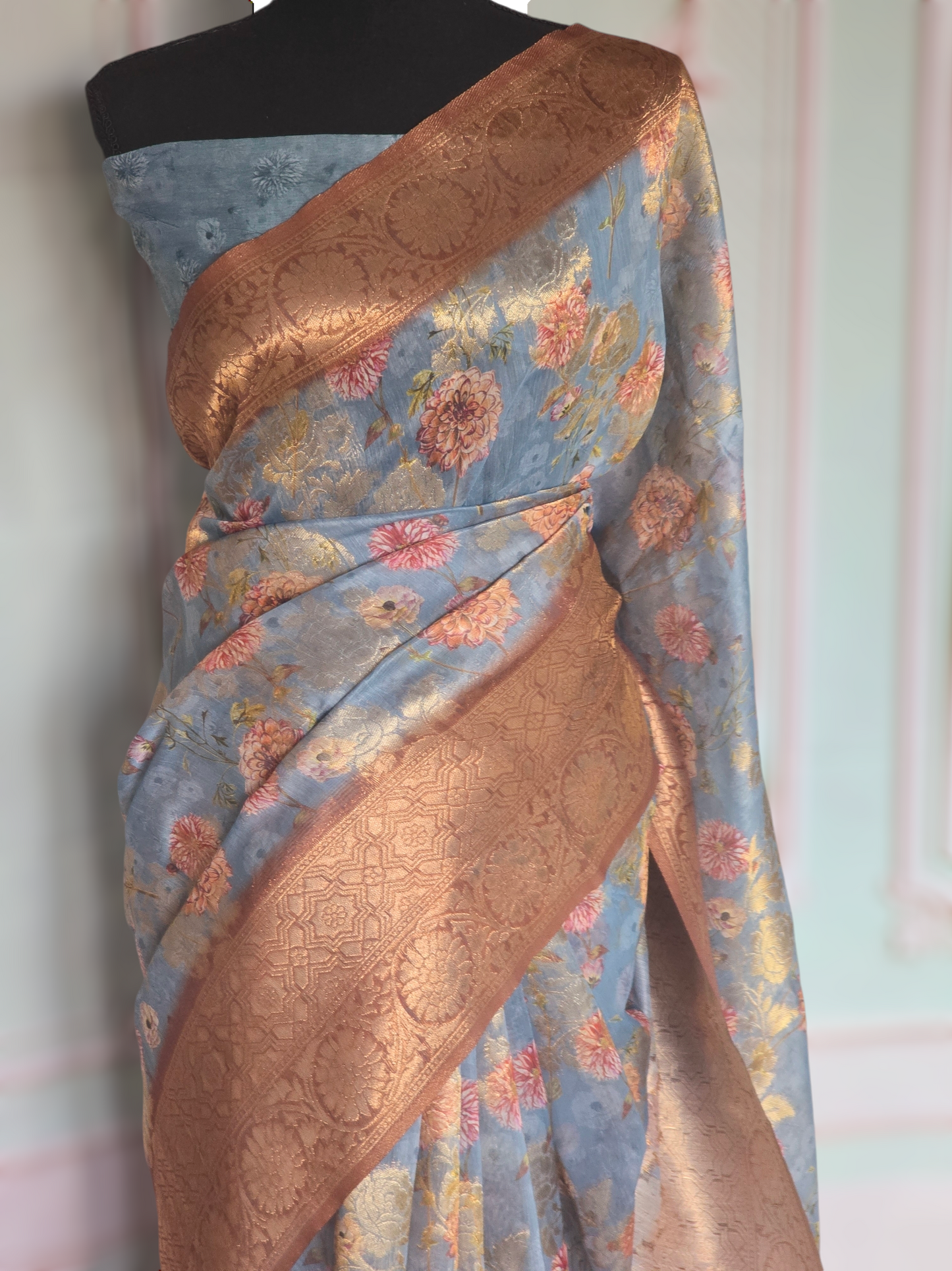 Sky blue floral print ( sky blue/brown) saree with stitched blouse