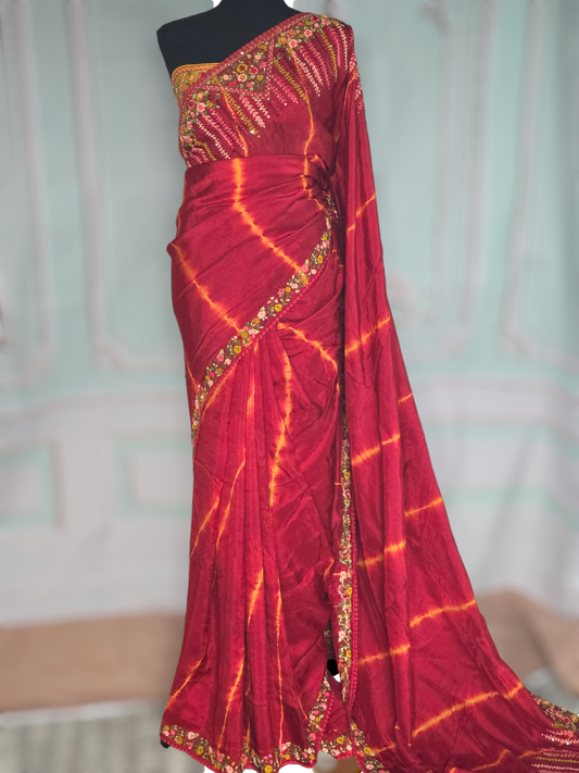 Russian silk saree with parsy hand embroidary- with designer blouse