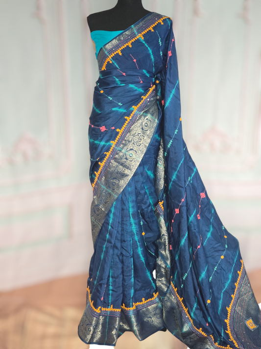 Russian silk saree with French knot and border- stitched blouse