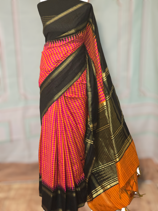 Orange/pink check design raw silk saree with stitched blous