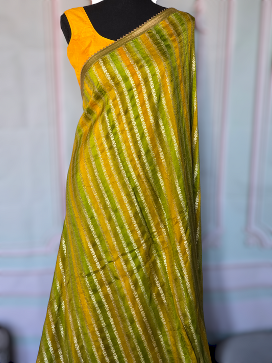 Multi color Banarasi tussar saree with stitched blouse ( with sleeve)