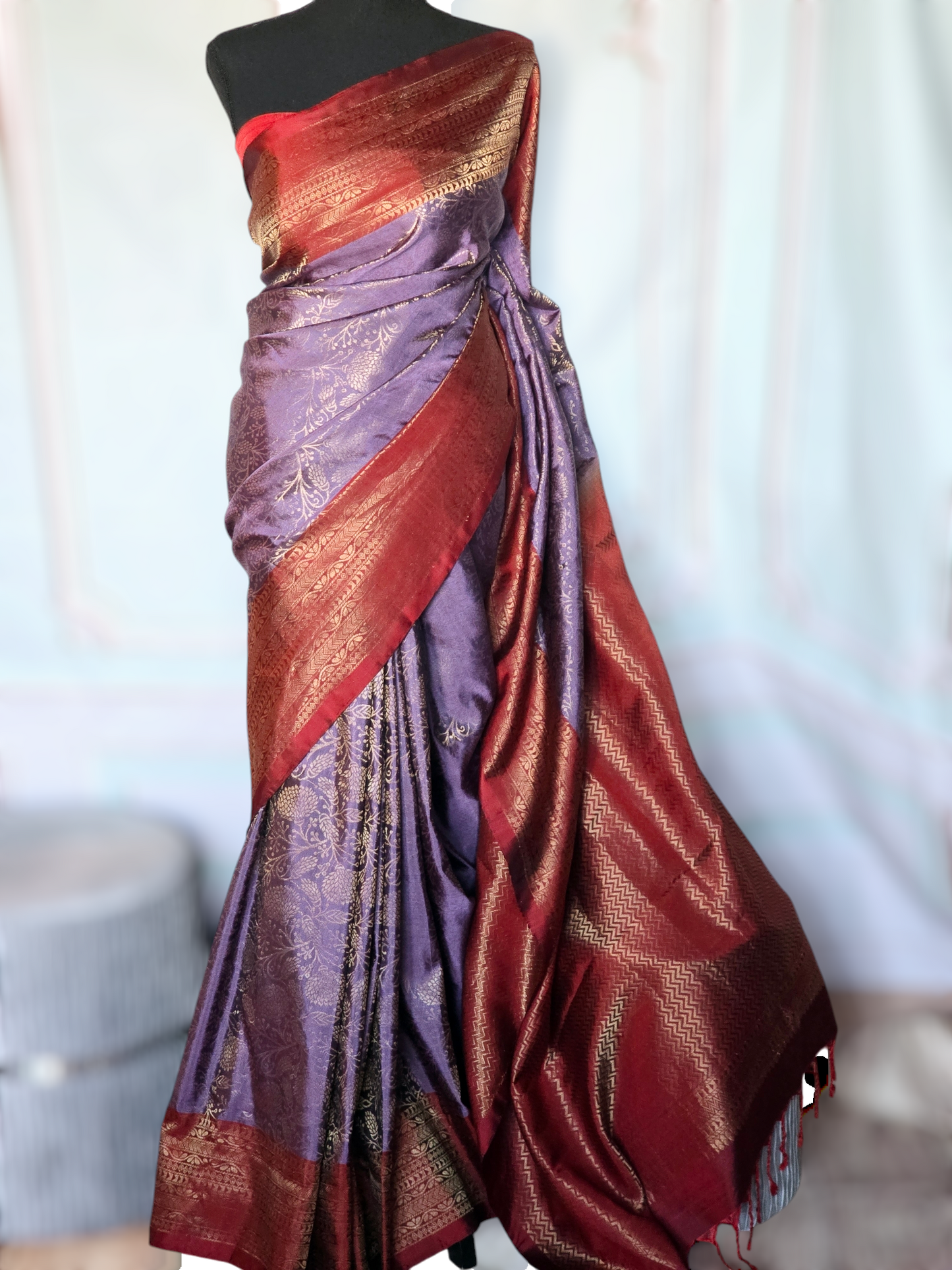 Lavender/maroon combo kancheepuram soft silk saree with stitched blouse