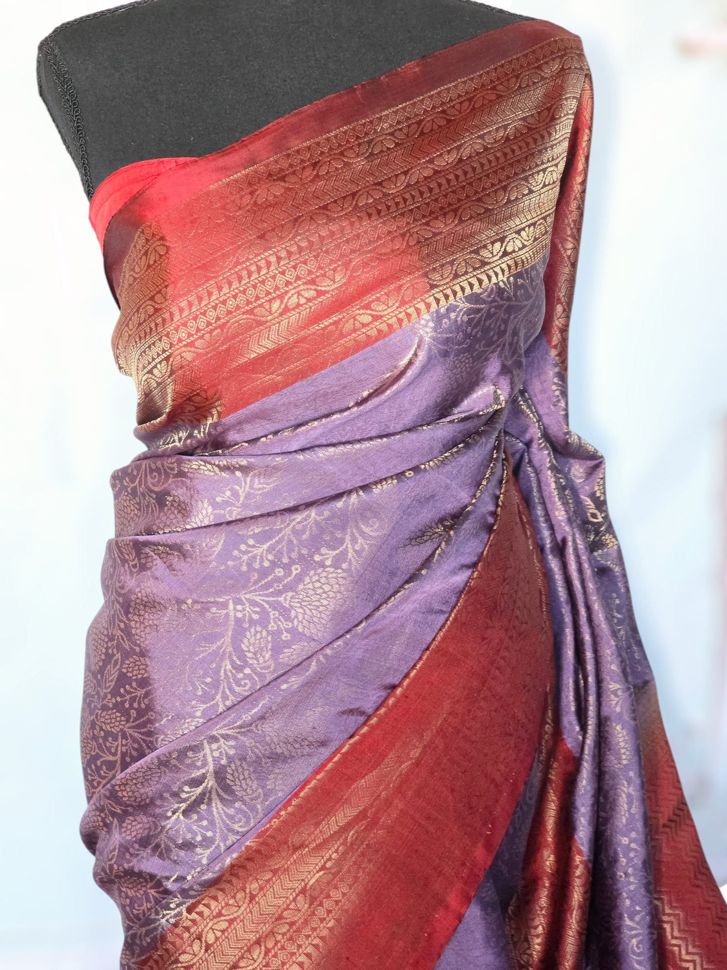 Lavender/maroon combo kancheepuram soft silk saree with stitched blouse