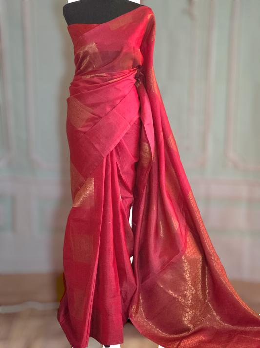 Reddish pink soft silk saree with stitched blouse