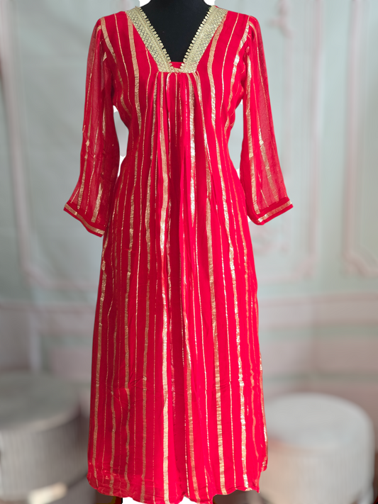 Red with gold lines A line kurti- Christmas special