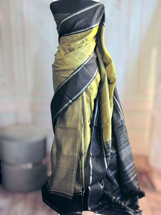 Pistagreen/black kancheepuram silk saree with stitched blouse