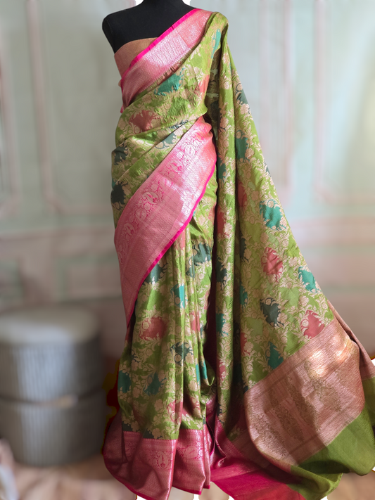 Soft Banaras crushed silk saree with fancy weaving- stitched blouse