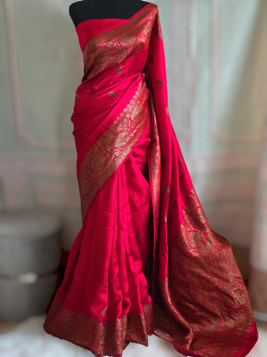 Pure raw silk saree( chillie red) with Banarasi border- stitched blouse