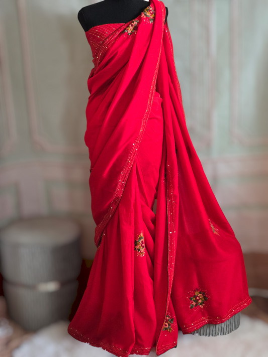 Bright red crape silk with kantha work - stitched blouse ( work)!