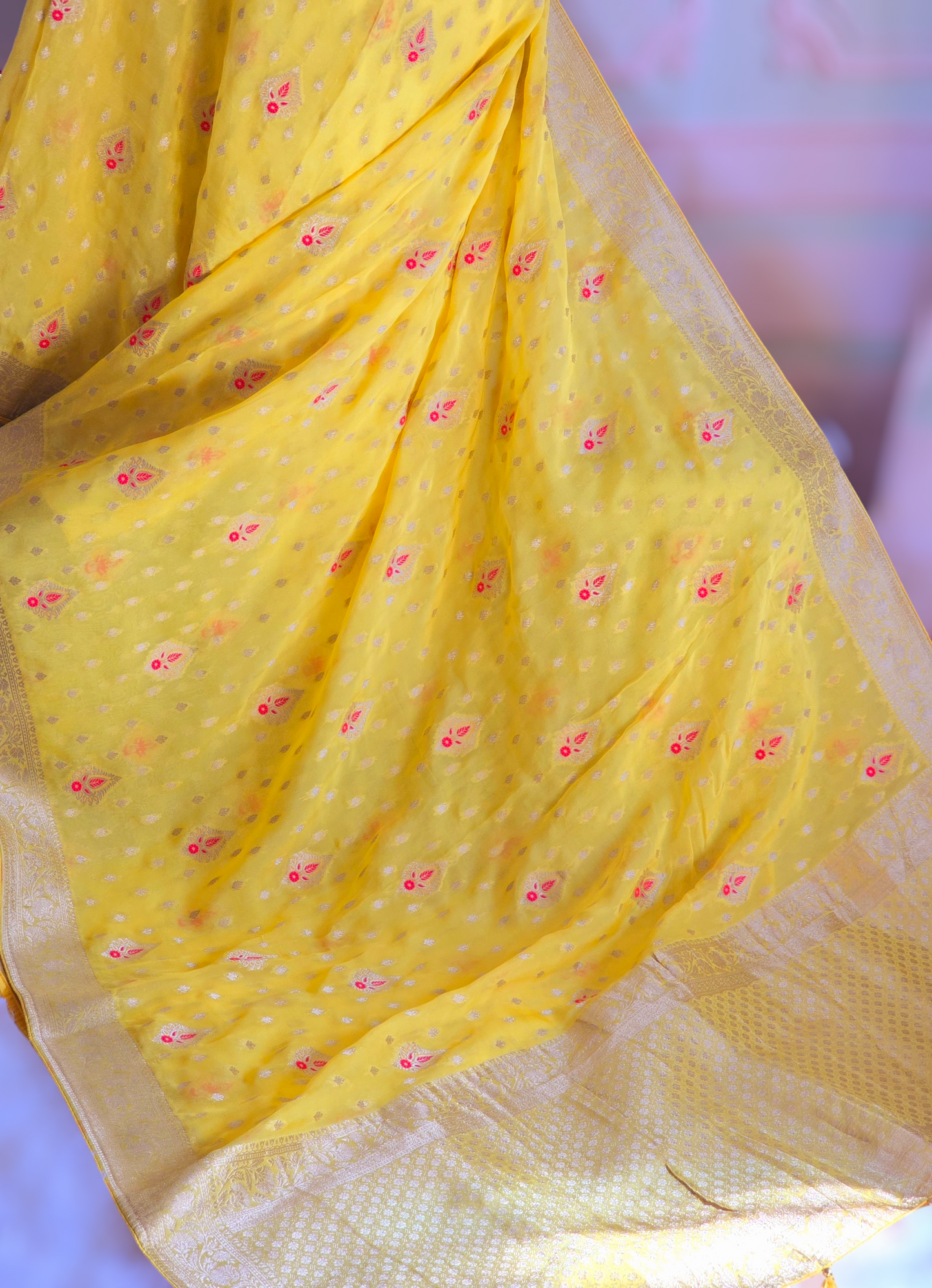 Organza Banarasi Saree (Bright yellow) with stitched blouse