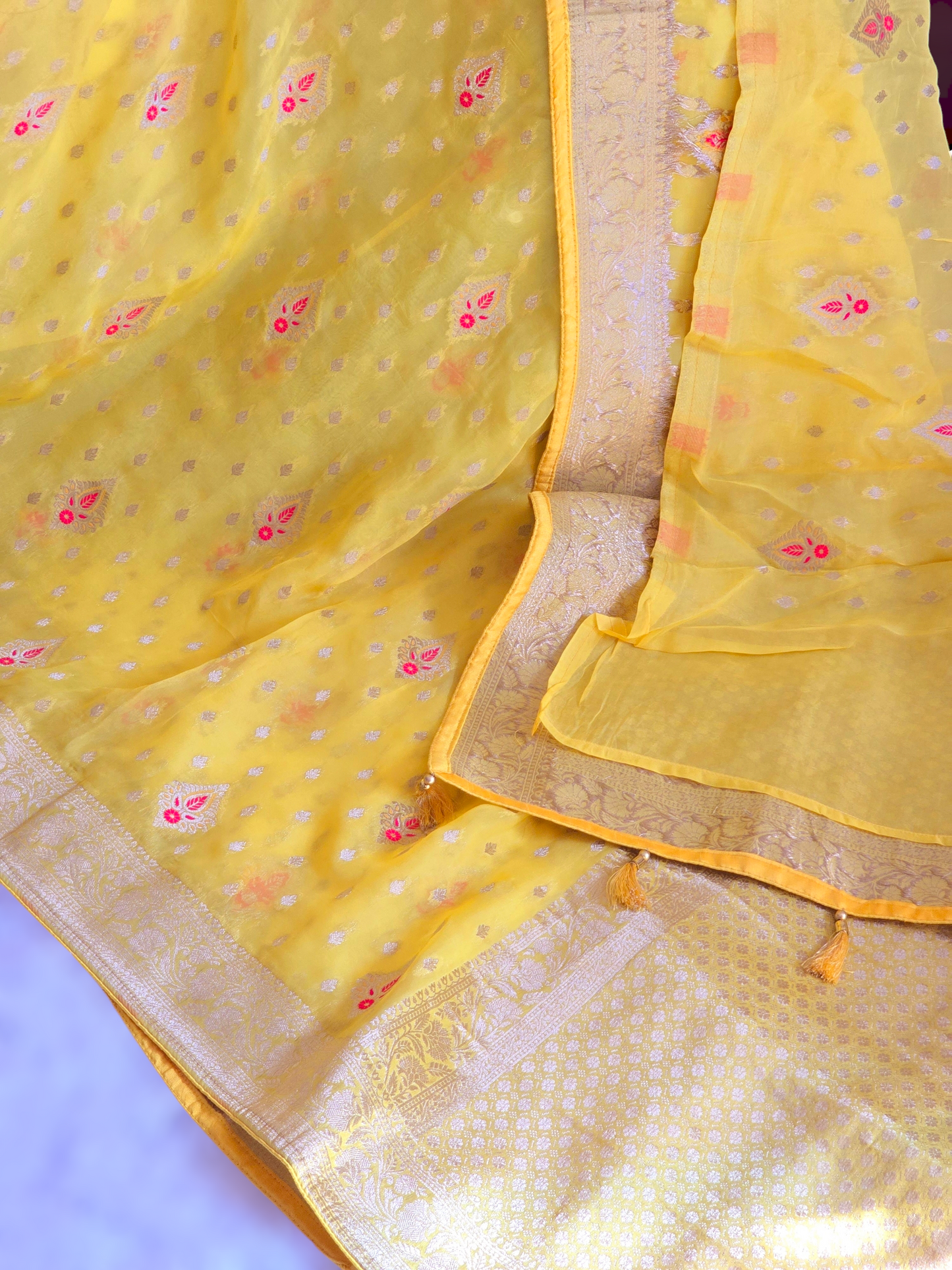 Organza Banarasi Saree (Bright yellow) with stitched blouse