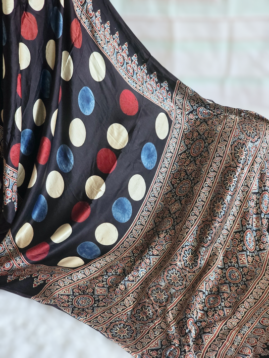 Modal silk polka dots with ajrakh border- stitched blouse