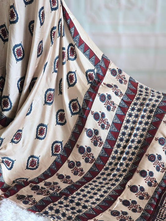 Modal silk saree with block print design- stitched blouse