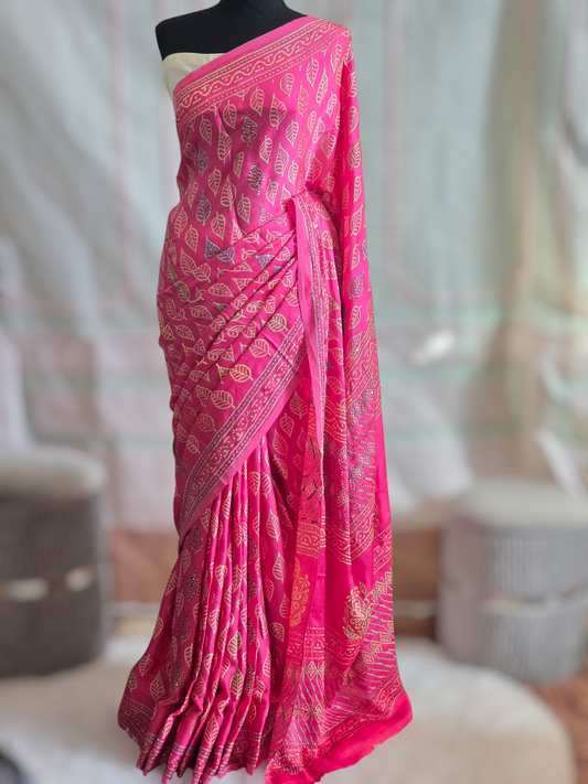 Modal silk block printed saree with kantha weaving- stitched blouse