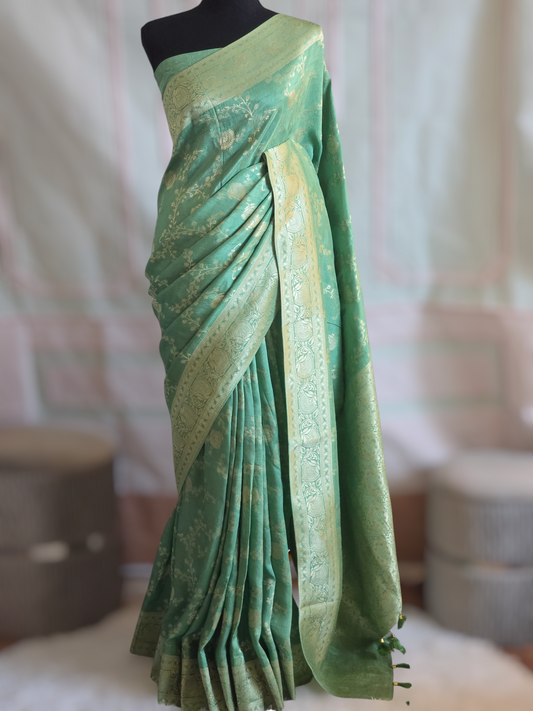 Sage green Mushru silk with banarasi weaving- Stitched blouse