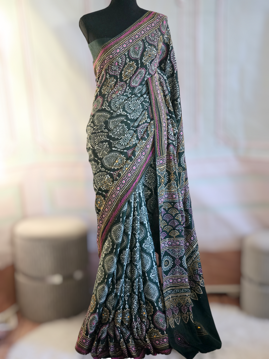 Modal silk( dark green) block printed saree with kantha weaving- stitched blouse