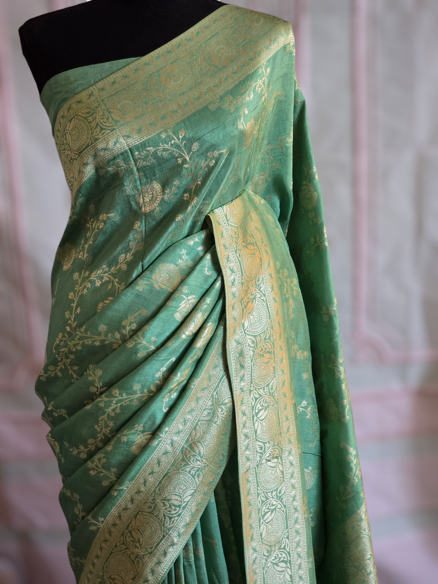 Sage green Mushru silk with banarasi weaving- Stitched blouse