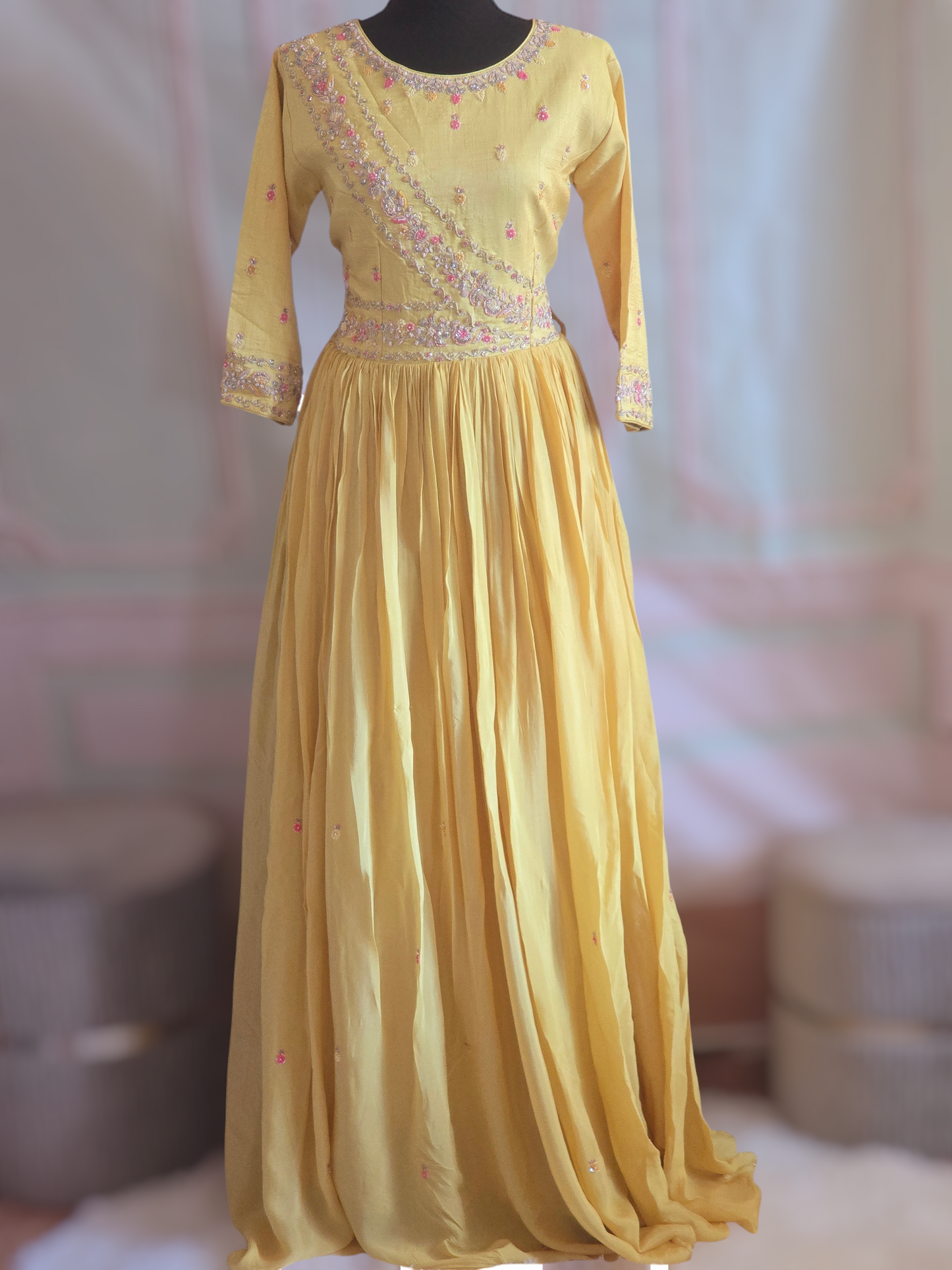 Party wear long gown( light yellow) with dupatta- handwork