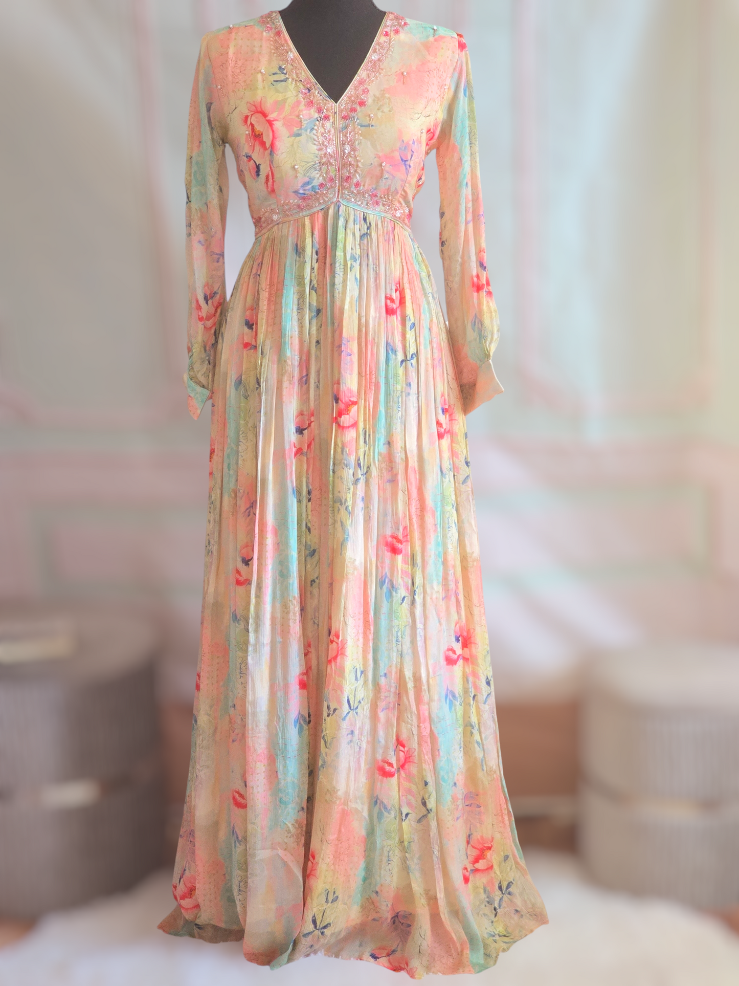 Party wear long gown- light peach floral