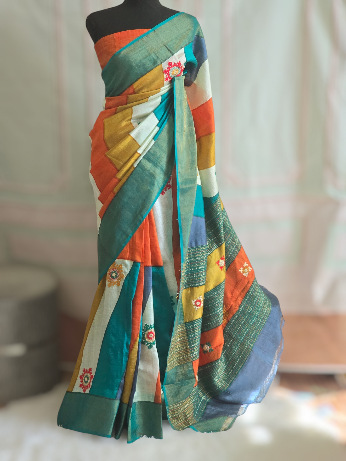 Pure Tussar silk multi color saree with kantha work- stitched blouse