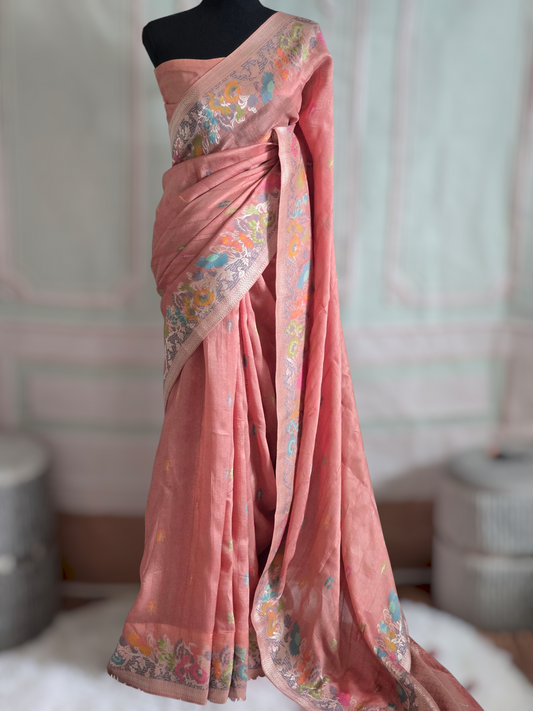 Pure Tussar silk saree with meenakari weaving- stitched blouse