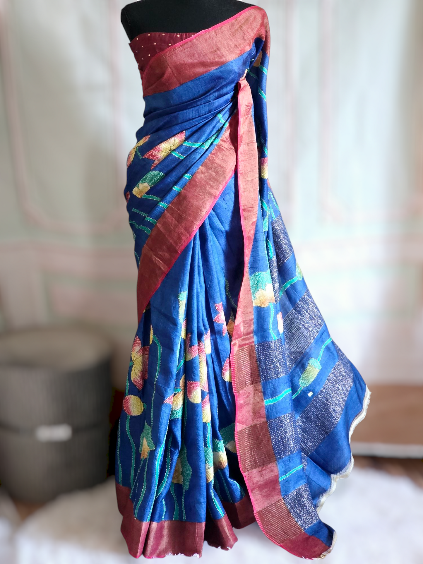 Pure tussar silk saree with kantha work weaving- stitched blouse