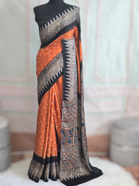 Modal silk on bandhej and ajrakh border- stitched blouse