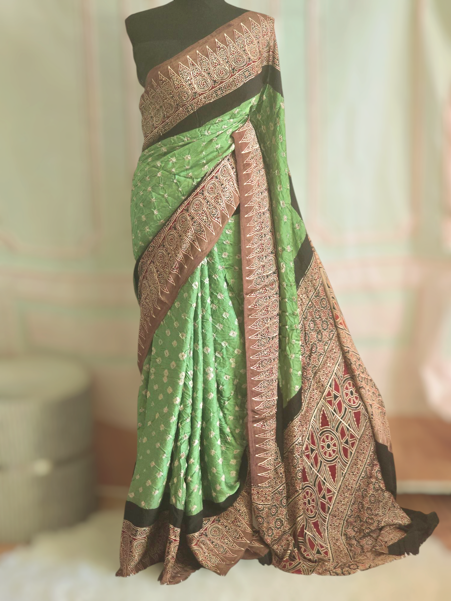 Modal silk saree on bandhej body-ajrakh border- stitched blouse