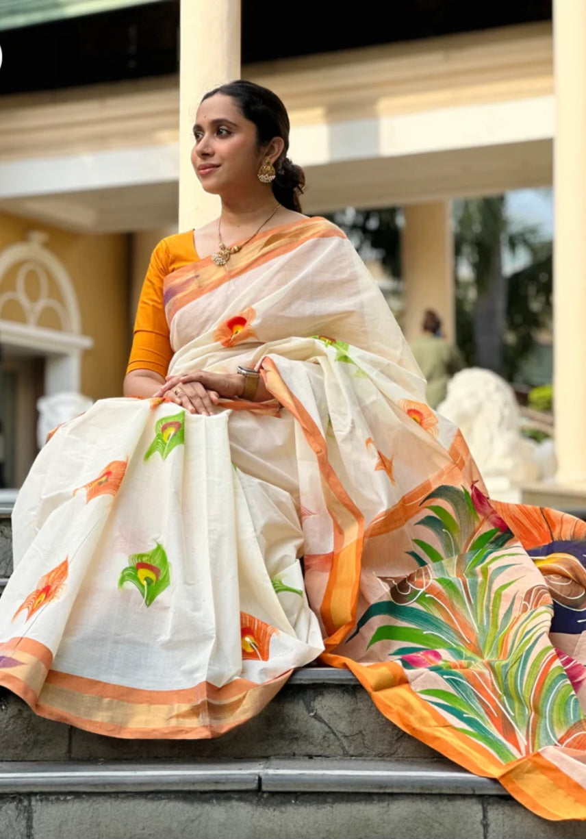 Set saree with multi color painting - stitched blouse