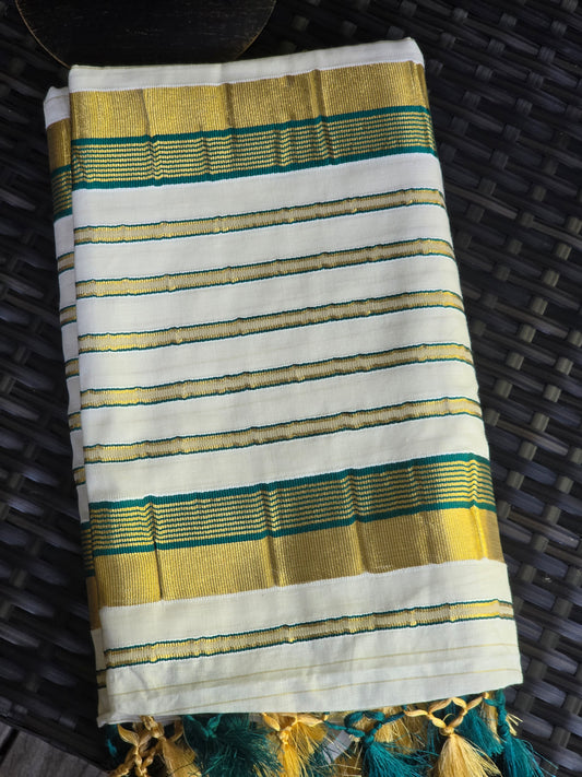 Onam set saree with green border on Pallu ( body gold line)