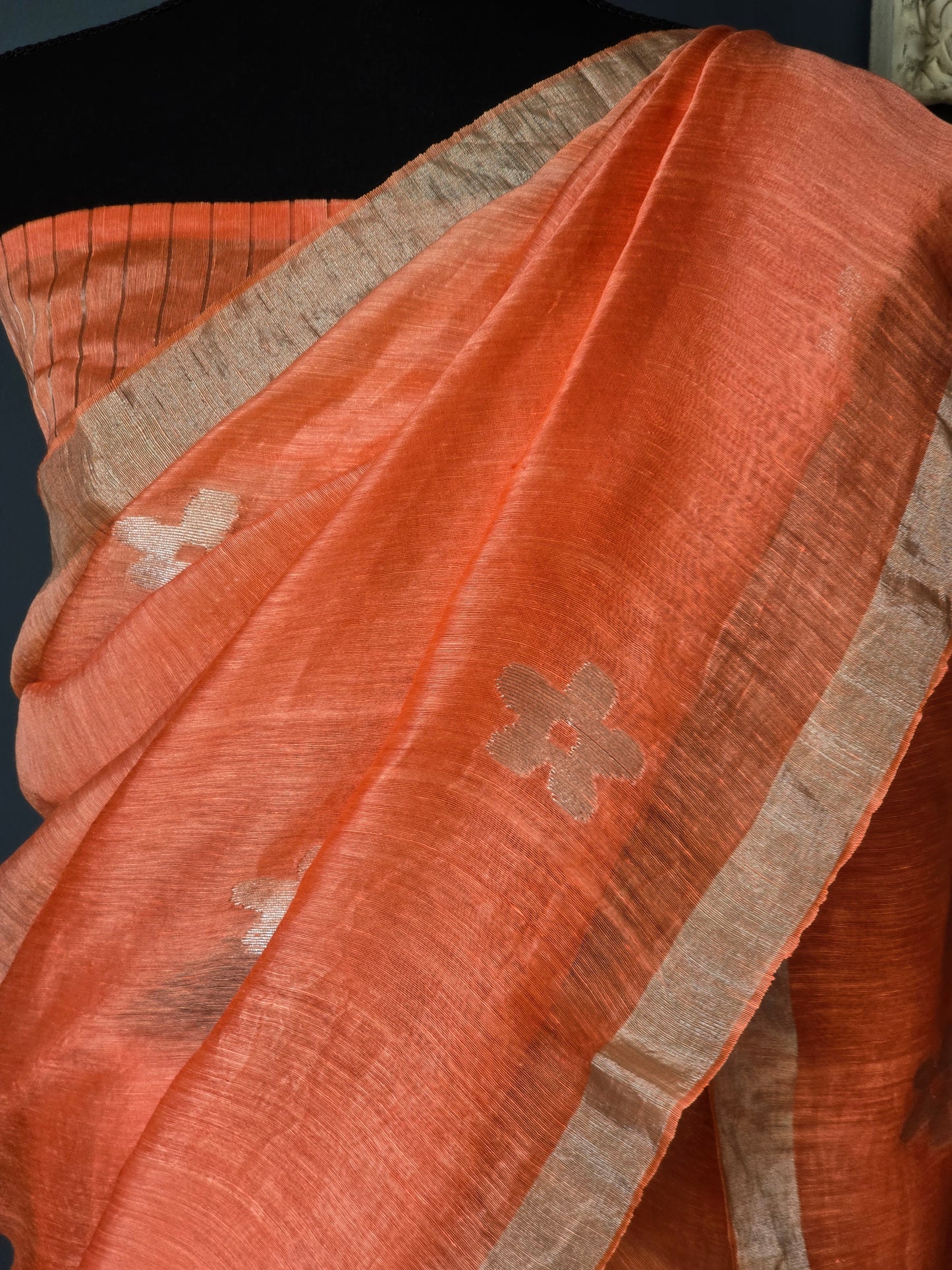 Matka linen saree with silver zari- stitched blouse
